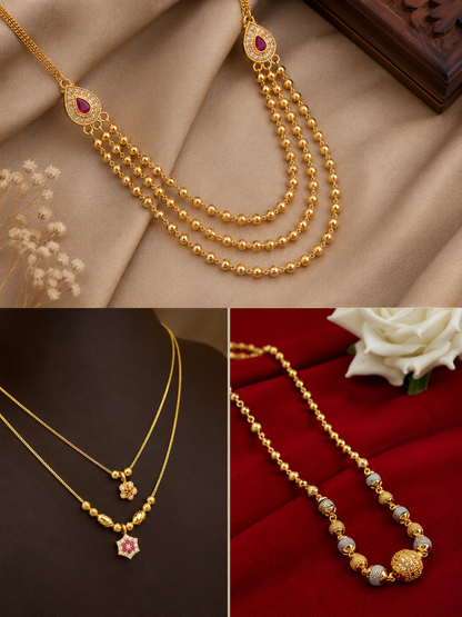 3 chain combo Gold Necklace Collection with Ruby & Diamond Accents