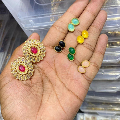 Gold Plated Ad Stud Earrings Combo With Multi-Color Stones – Changeable Earrings For Women