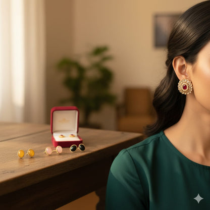 Gold Plated Ad Stud Earrings Combo With Multi-Color Stones – Changeable Earrings For Women