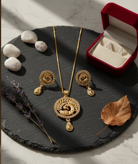 Gold Plated Ad Diamond Studded Peacock Design Pendant Set With Earrings For Women