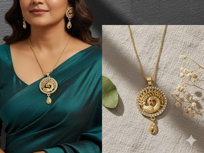 Gold Plated Ad Diamond Studded Peacock Design Pendant Set With Earrings For Women