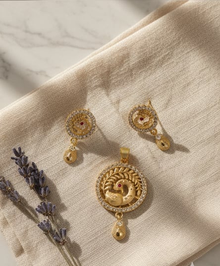 Gold Plated Ad Diamond Studded Peacock Design Pendant Set With Earrings For Women