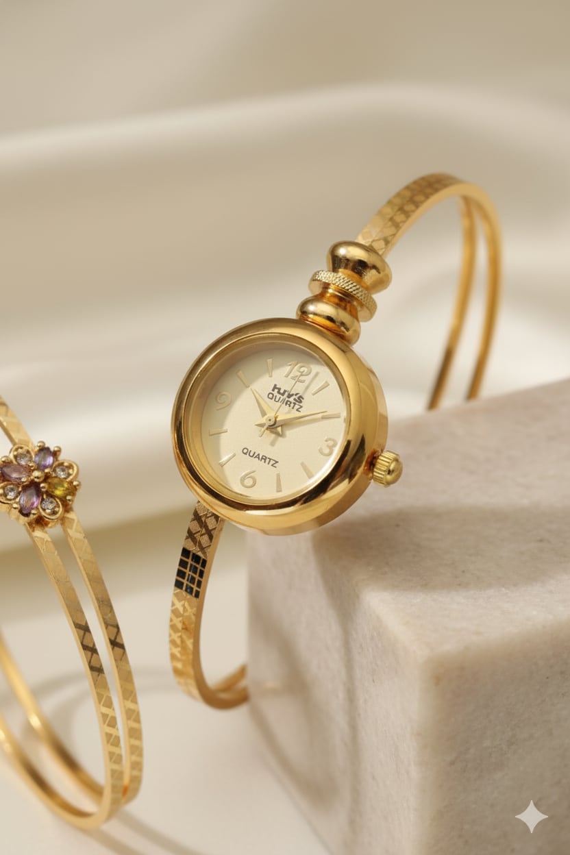 Elegant Brass Women’S Adjustable Watch With Floral Back Detailing