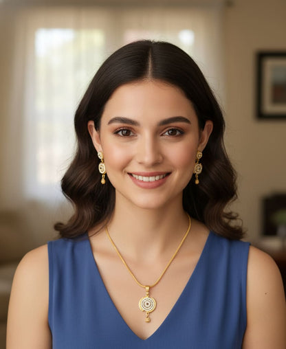 High Gold Plated Antique Circular Pendant Necklace Set With Earrings