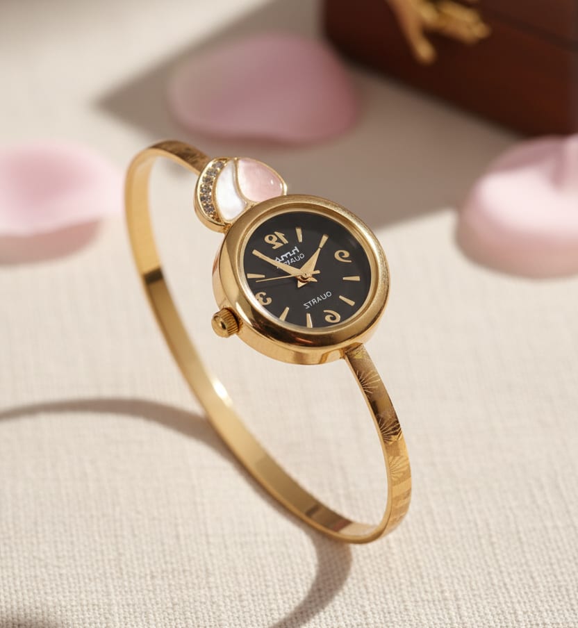 High Gold Plated Ad Diamond Heart Design Adjustable Watch For Women
