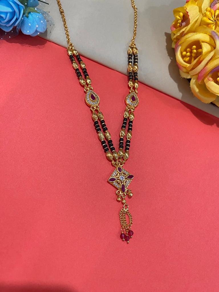 A Stunning High Gold Plated Ruby Stone Fancy Square Mangalsutra