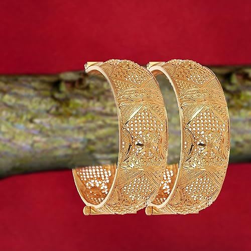 High Gold Plated Flower Designer Traditional Wear Openable Bangle Set(2 Pcs)