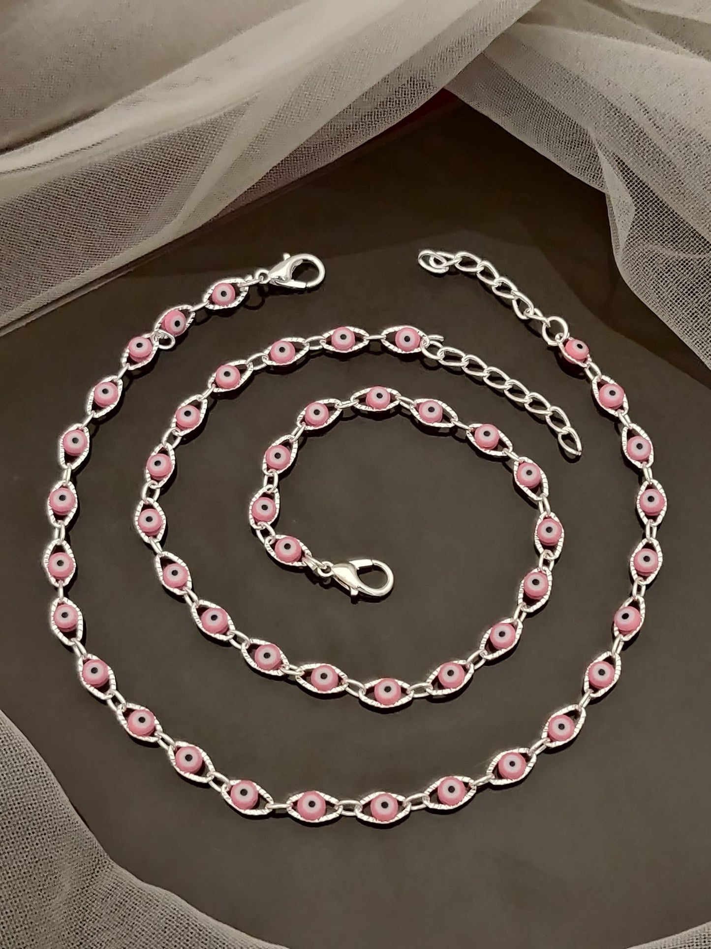 Daily Wear Pink Pearl Drop Evil Eye Silver Anklet for Women