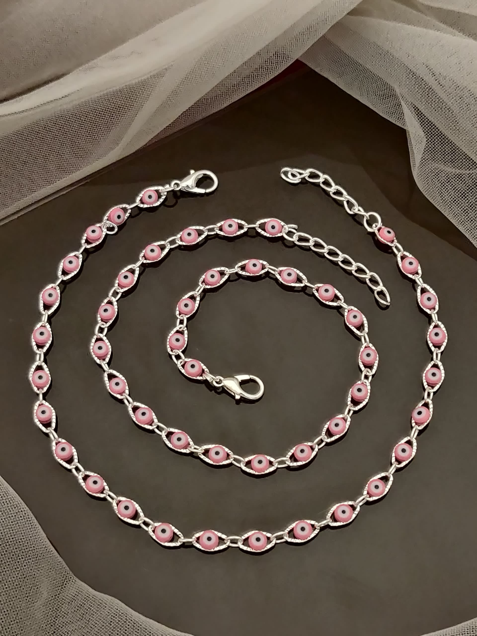 Daily Wear Pink Pearl Drop Evil Eye Silver Anklet for Women