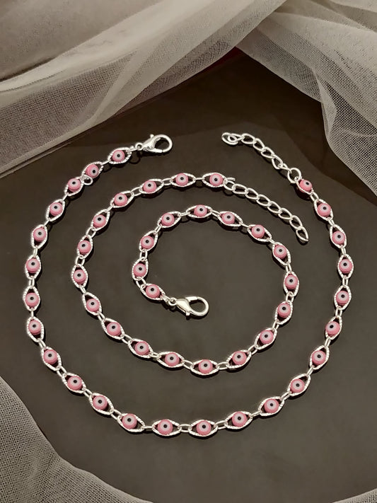 Daily Wear Pink Pearl Drop Evil Eye Silver Anklet for Women