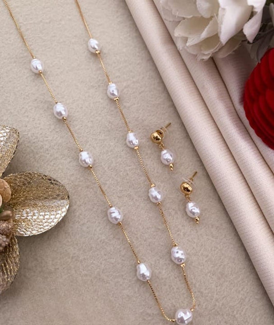 Gold Plated Pearl Drop Fancy Chain Necklace with Earrings for Women