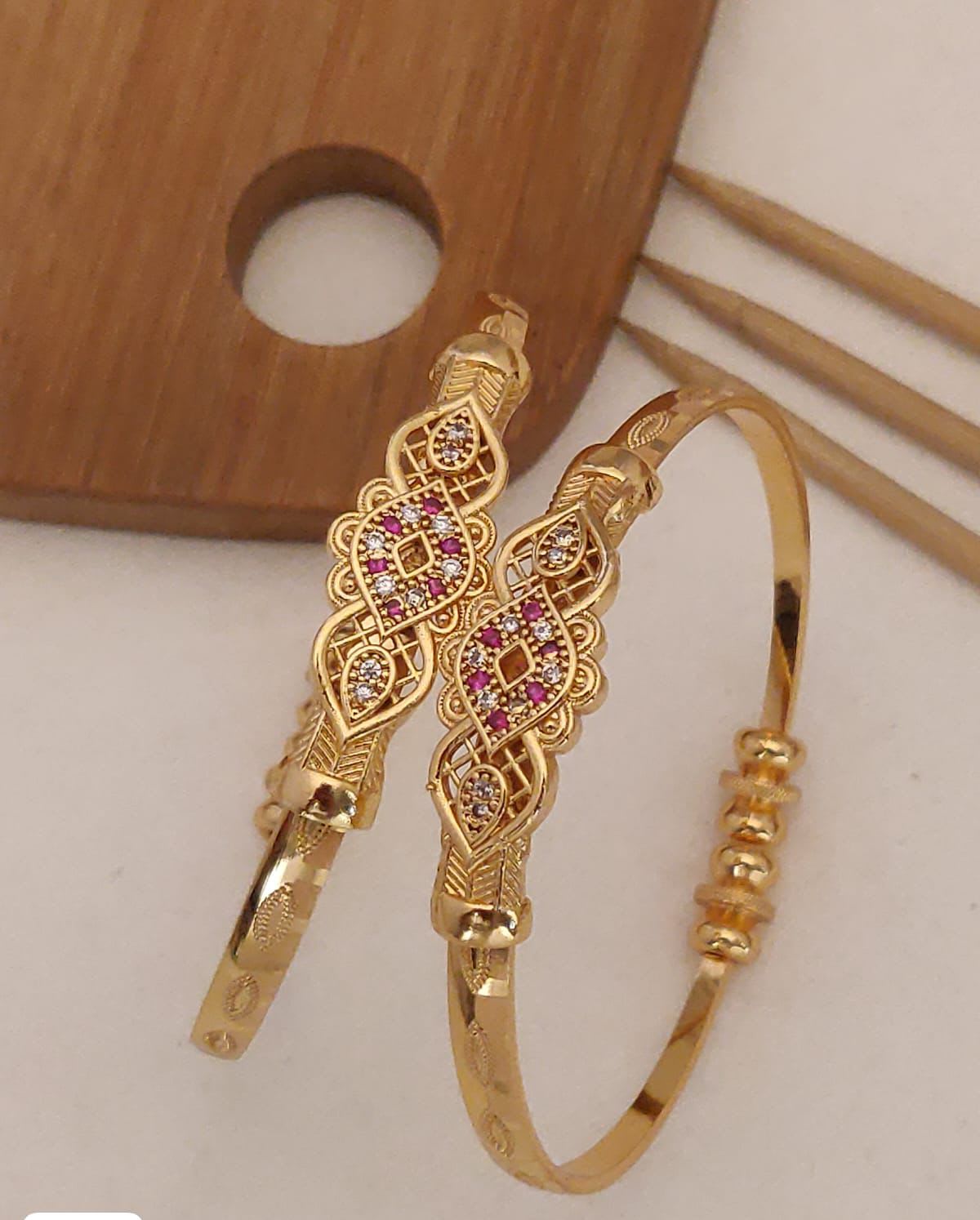 designer high gold plated ad diamond ruby stone studded fancy adjustble kadli bangle for women