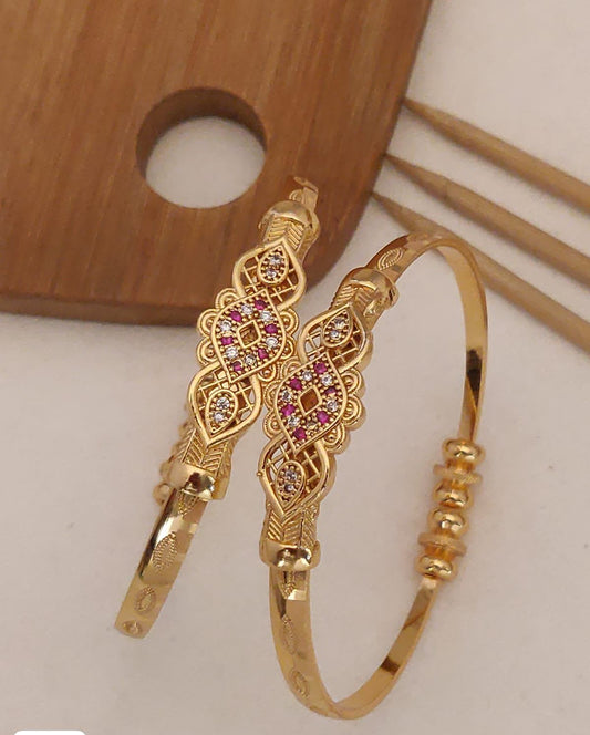 Designer High Gold Plated Ad Diamond Ruby Stone Studded Fancy Adjustble Kadli Bangle For Women