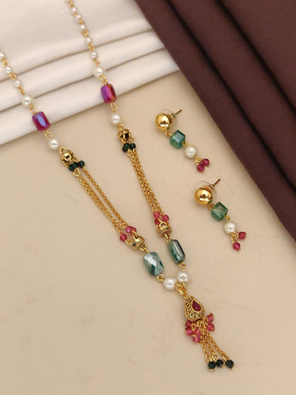 Designer High Gold Plated Ad Diamond Studed Fancy Crystle Pearl Mala With Earring