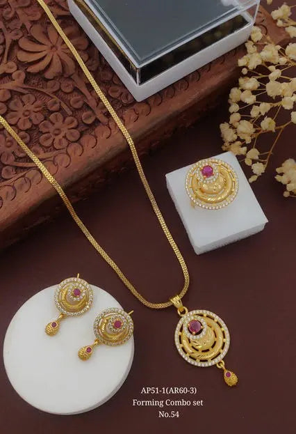 designer high gold plated ad diamond studed forming round pendent set with ring and chain