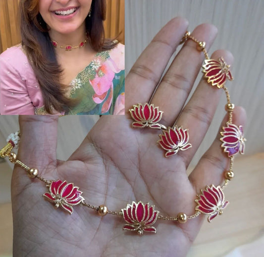 High Gold Plated Meena Work Pink Lotus Necklace with Earrings for Women