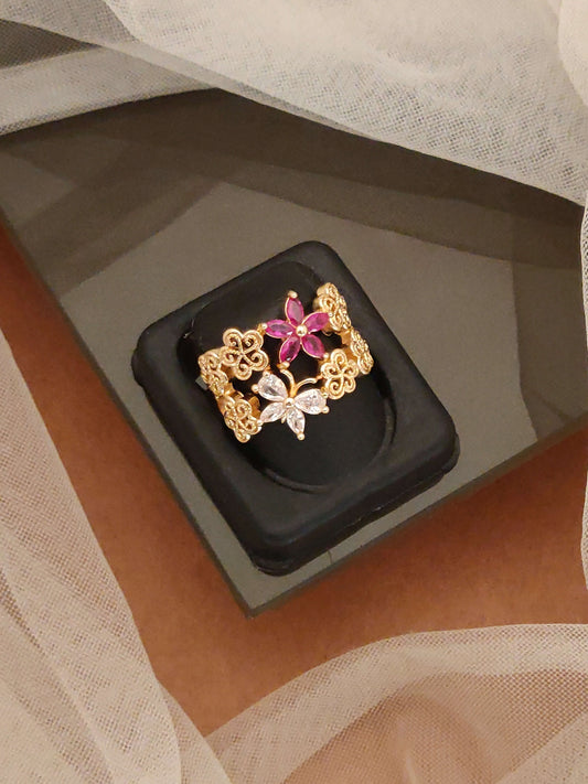 Designer Rose Gold Plated AD Diamond Adjustable Ruby Flower Broad Ring for Women