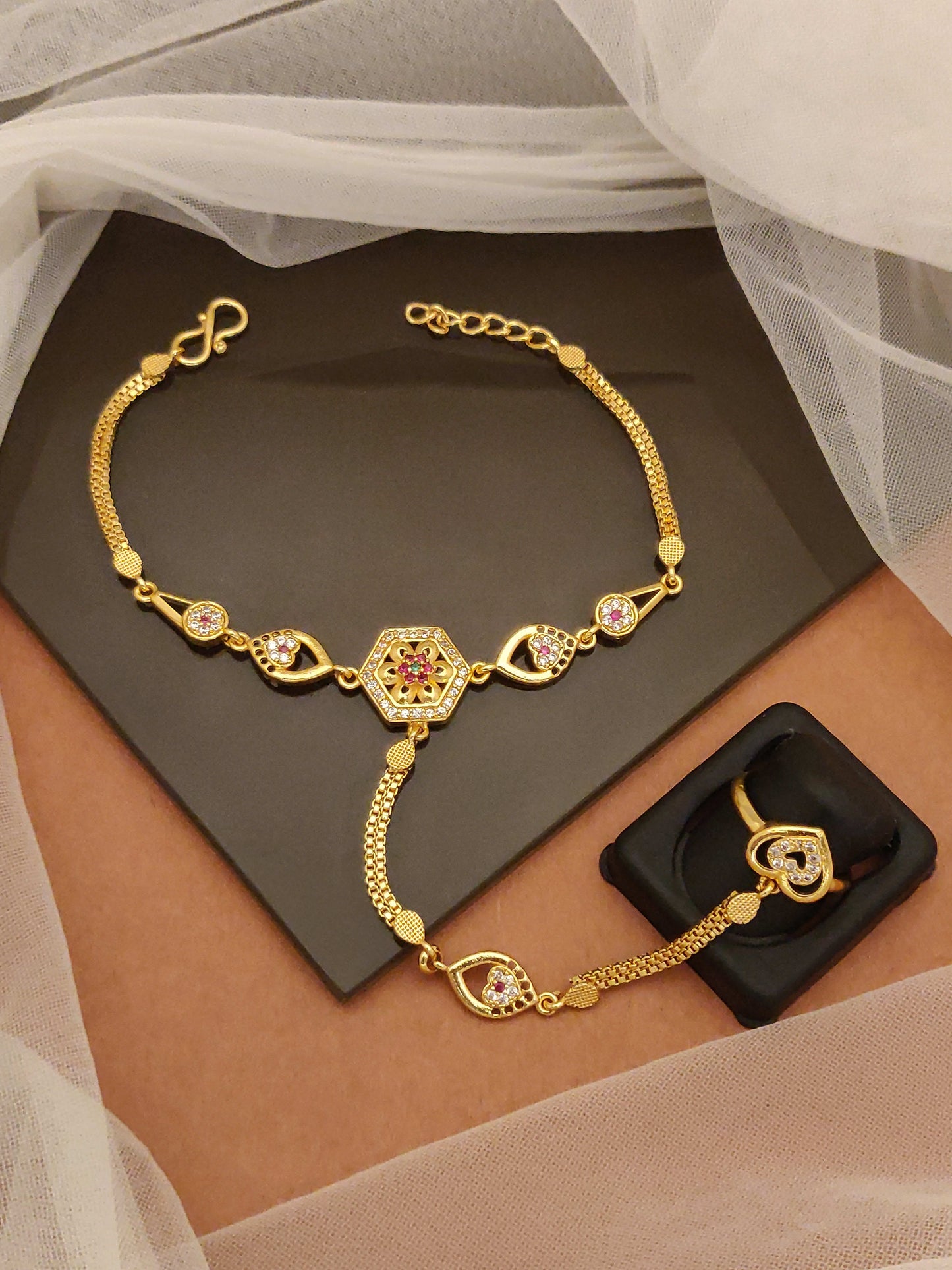 Designer Premium Quality High Gold Plated Ad Diamond Studded Fancy Hand Cuff For Women