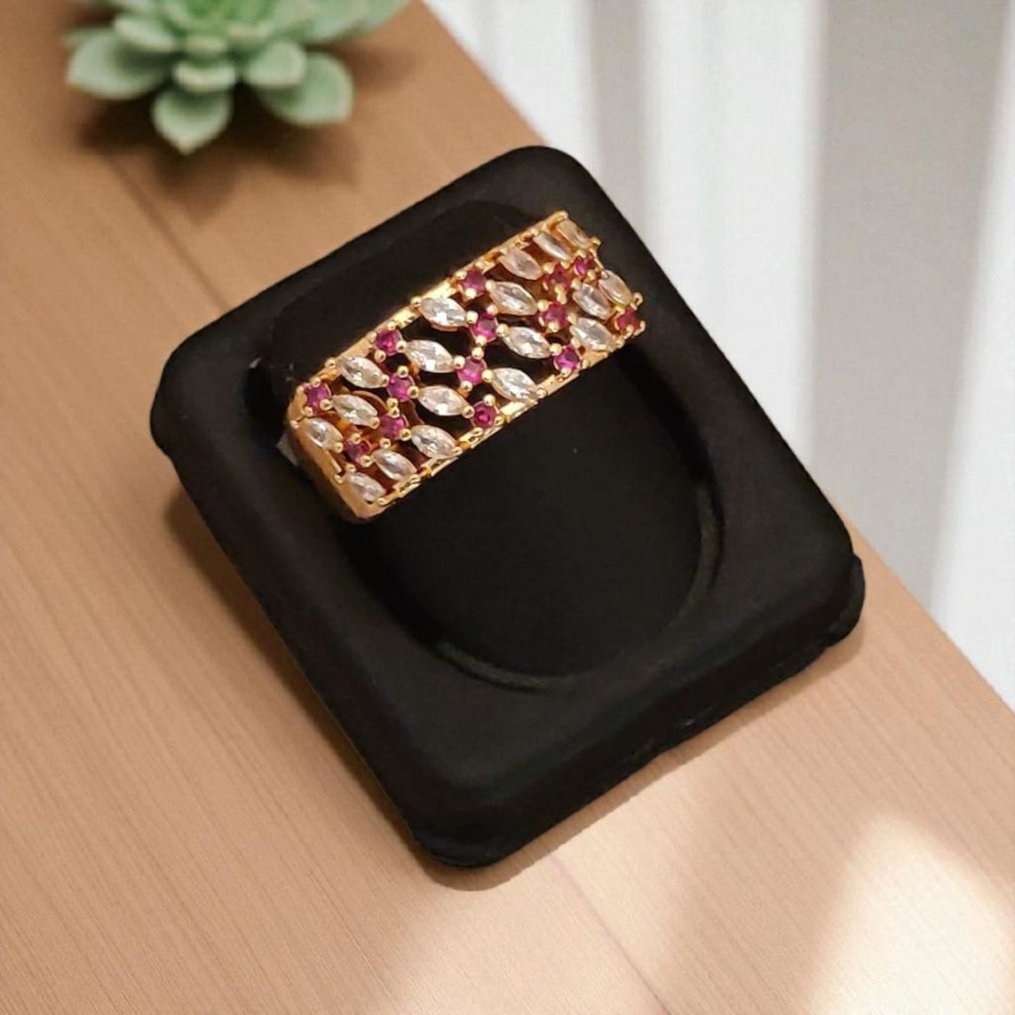 Rose Gold Plated Ad Diamond Studded Fancy Flower Design Adjustable Broad Ring For Women