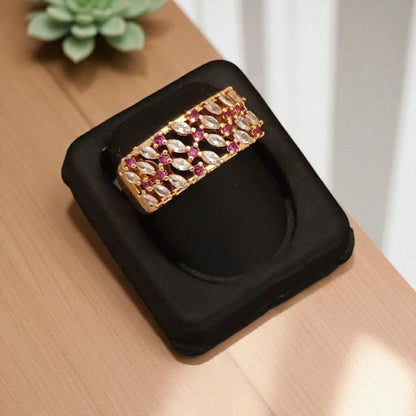 Rose Gold Plated Ad Diamond Studded Fancy Flower Design Adjustable Broad Ring For Women