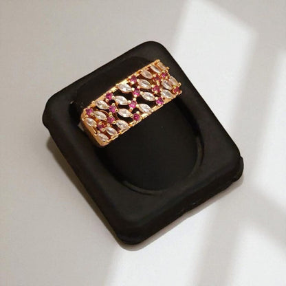 Rose Gold Plated Ad Diamond Studded Fancy Flower Design Adjustable Broad Ring For Women
