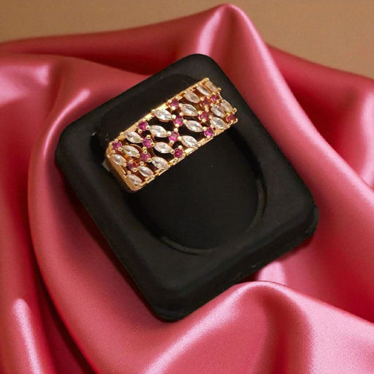 Rose Gold Plated Ad Diamond Studded Fancy Flower Design Adjustable Broad Ring For Women