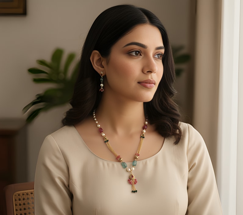 Micro Gold Plated Ad Diamond Studded Pearl Mala With Designer Ruby Stone Bangle Set For Women