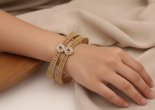 Micro Gold Plated Ad Diamond Studded Pearl Mala With Designer Ruby Stone Bangle Set For Women