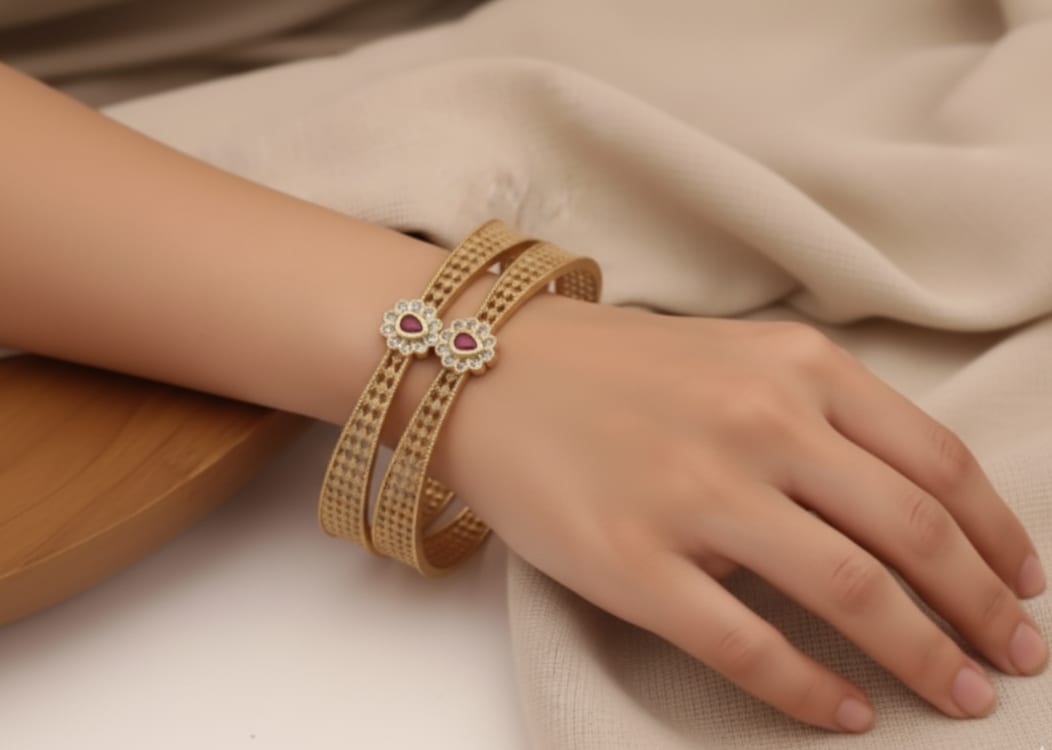 Micro Gold Plated Ad Diamond Studded Pearl Mala With Designer Ruby Stone Bangle Set For Women