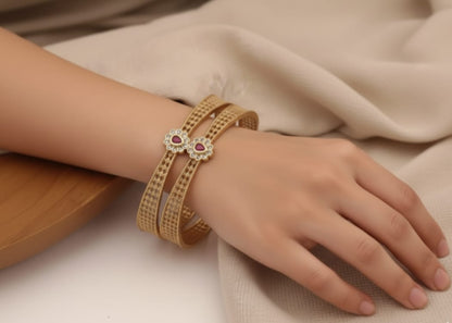 Micro Gold Plated Ad Diamond Studded Pearl Mala With Designer Ruby Stone Bangle Set For Women