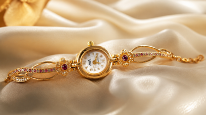 Luxury Floral Design Gold Finish Bracelet Watch for Girls & Women