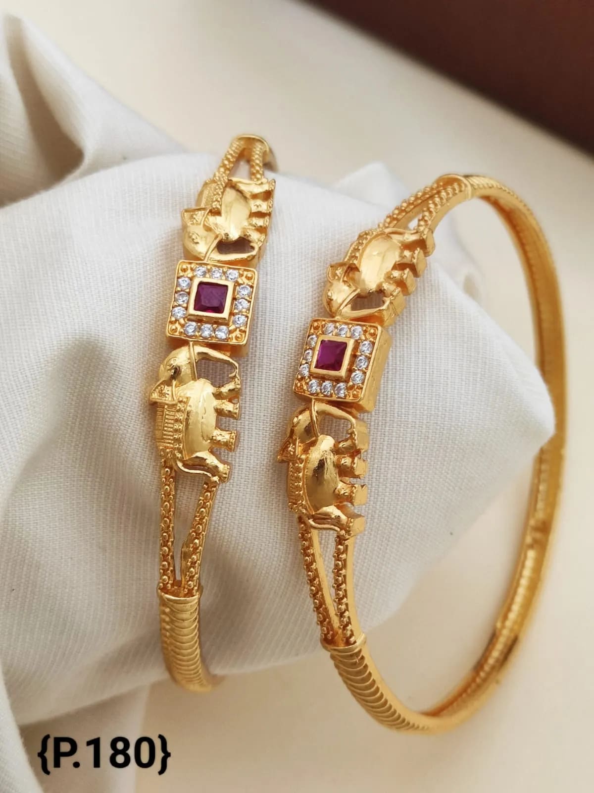 Square Pink Ruby & Ad Diamond Studded Micro Gold Plated Elephant Designer Bangle Set Of 2 Pcs