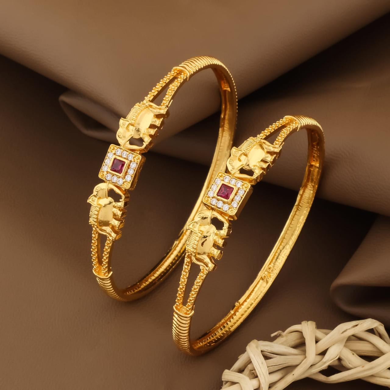 Square Pink Ruby & Ad Diamond Studded Micro Gold Plated Elephant Designer Bangle Set Of 2 Pcs