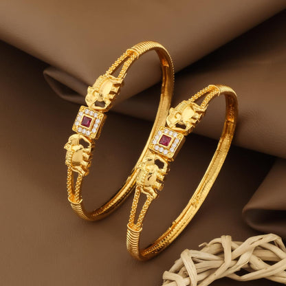 Square Pink Ruby & Ad Diamond Studded Micro Gold Plated Elephant Designer Bangle Set Of 2 Pcs