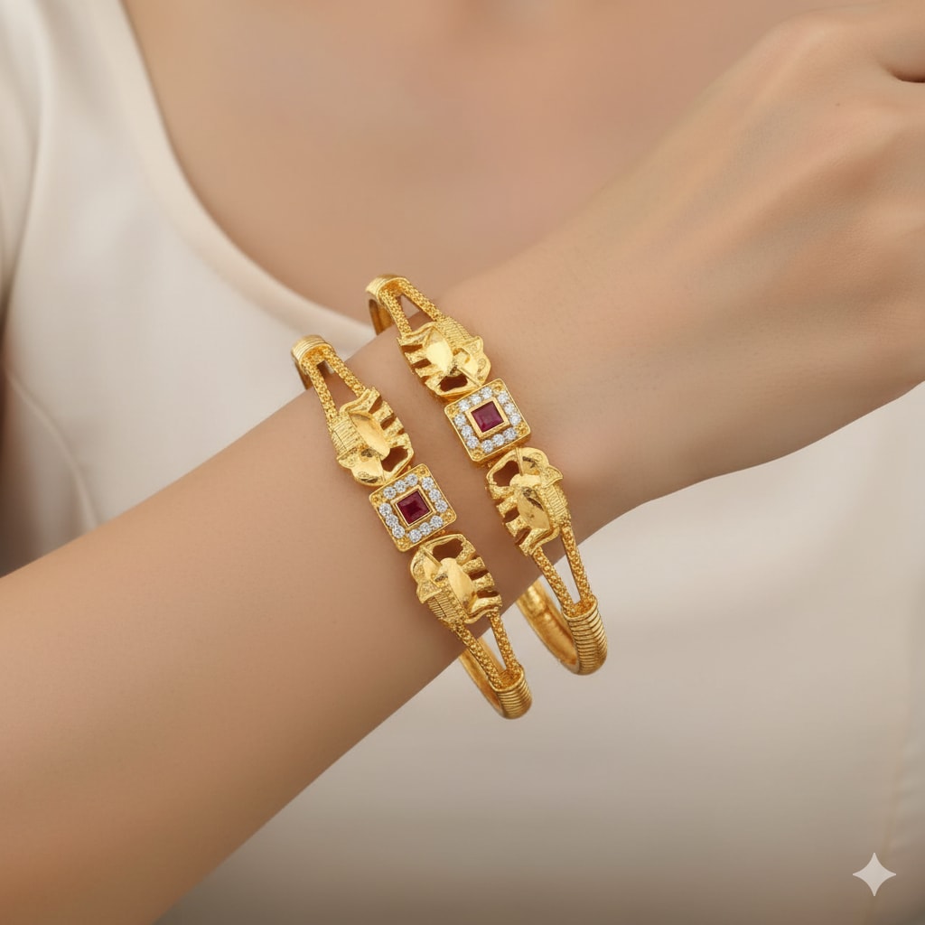 Square Pink Ruby & Ad Diamond Studded Micro Gold Plated Elephant Designer Bangle Set Of 2 Pcs