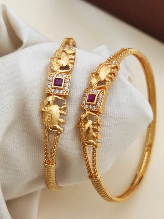 Square Pink Ruby & Ad Diamond Studded Micro Gold Plated Elephant Designer Bangle Set Of 2 Pcs