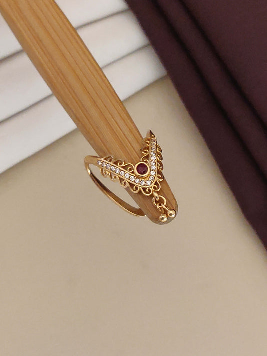 gold plated ad diamond studed adjustable ruby ring