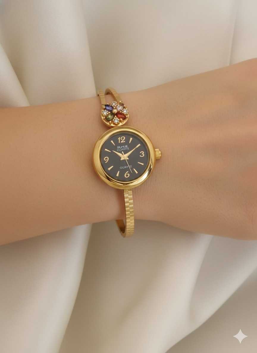 Gold Plated Ad Dimaond Studed Fancy Adjustable Black Watch