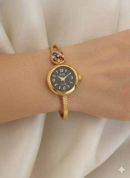 Gold Plated Ad Dimaond Studed Fancy Adjustable Black Watch