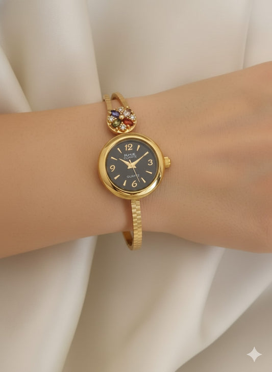 Gold Plated Ad Dimaond Studed Fancy Adjustable Black Watch