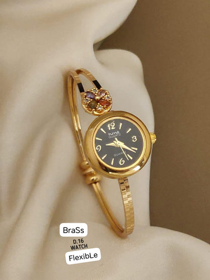 Gold Plated Ad Dimaond Studed Fancy Adjustable Black Watch