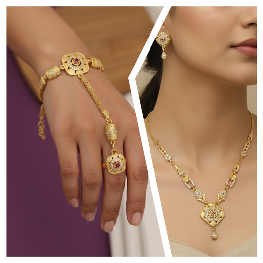 Gold Plated Ad Diamond Studded Fancy Necklace With Handcuff Combo