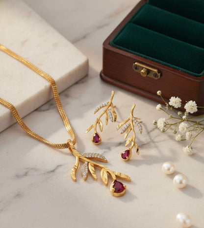 Ad Diamond Fancy Leaf Design Pendant Set With Matching Earrings