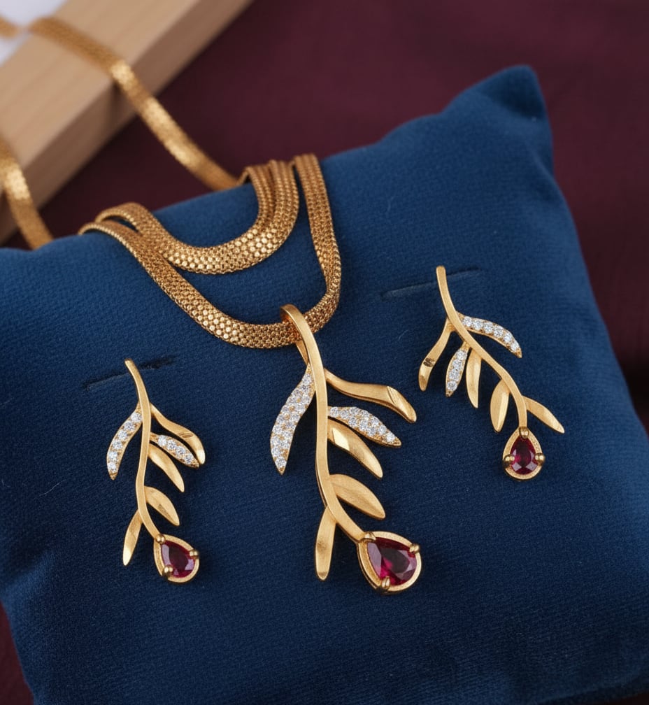 Ad Diamond Fancy Leaf Design Pendant Set With Matching Earrings