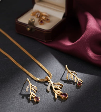 Ad Diamond Fancy Leaf Design Pendant Set With Matching Earrings