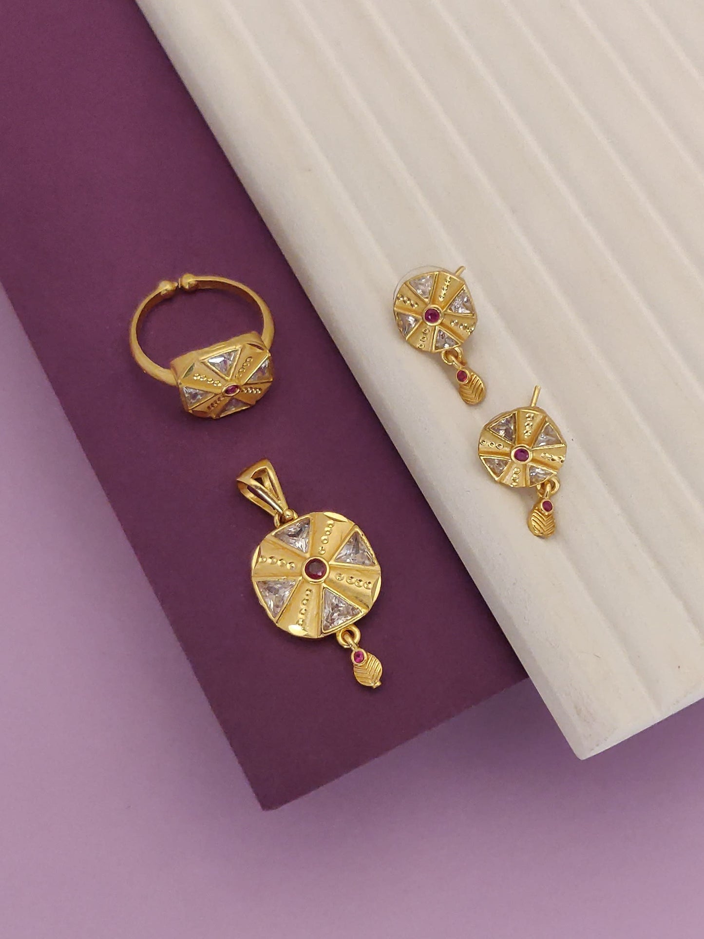 High Gold Plated Ad Diamond Studded Round Pendant With Earrings And Adjustable Ring For Women