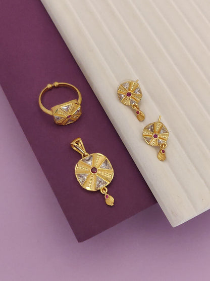 High Gold Plated Ad Diamond Studded Round Pendant With Earrings And Adjustable Ring For Women