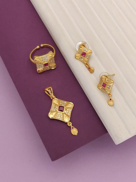 Gold Plated AD Diamond Studded Square Pendant with Earrings & Adjustable Ring for Women
