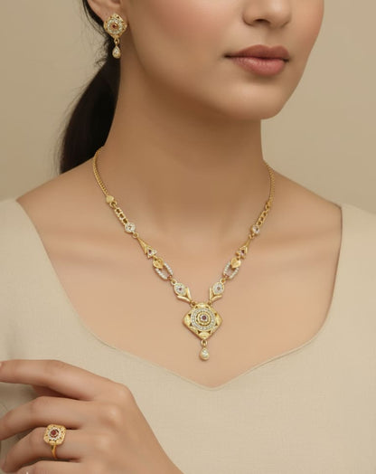 Micro Gold Plated Ad Diamond Studded Forming Necklace And Ring Combo