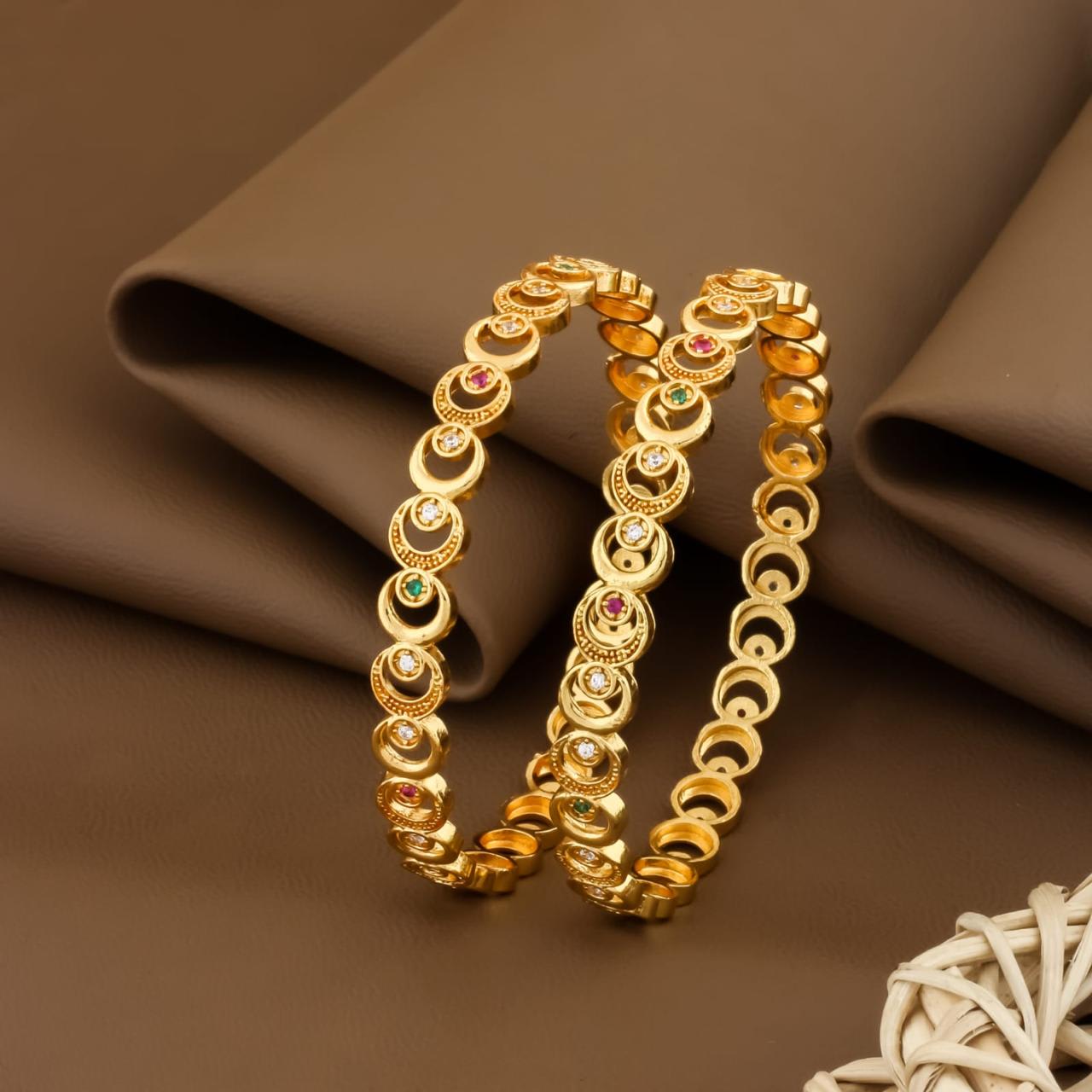 New Designer Micro Gold Plated Ad Diamond Fancy 2 Pcs Moon Bangle For Women